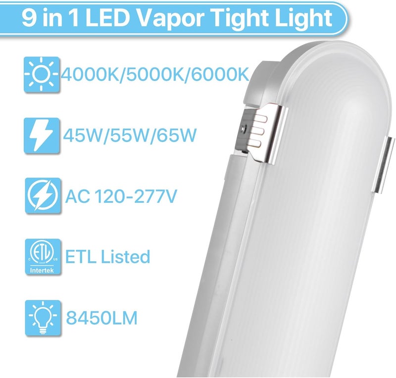 Hyperlite 65W 4FT LED Vapor Light, 45W/55W/65W Vapor Proof Tight Light Fixture, 8450lm 4000K/5000K/6000K Selectable, AC120-277V Waterproof LED Outdoor Shop Light for Car Wash,Garage,Warehouse,ETL - Image 2